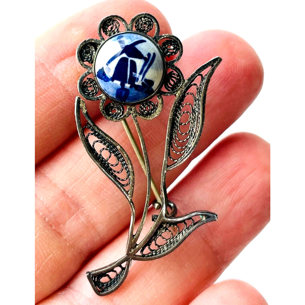Vtg Blue White Delft Windmill Filigree Flower Brooch Dainty Pin C Clasp Signed - Picture 3 of 12